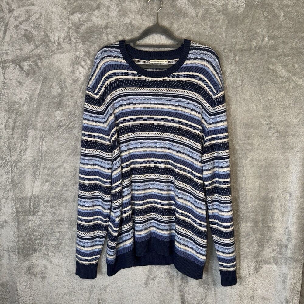 Marine Layer Double Knit Crewneck Sweater Blue Stripe Size XL Grandpa Preppy
